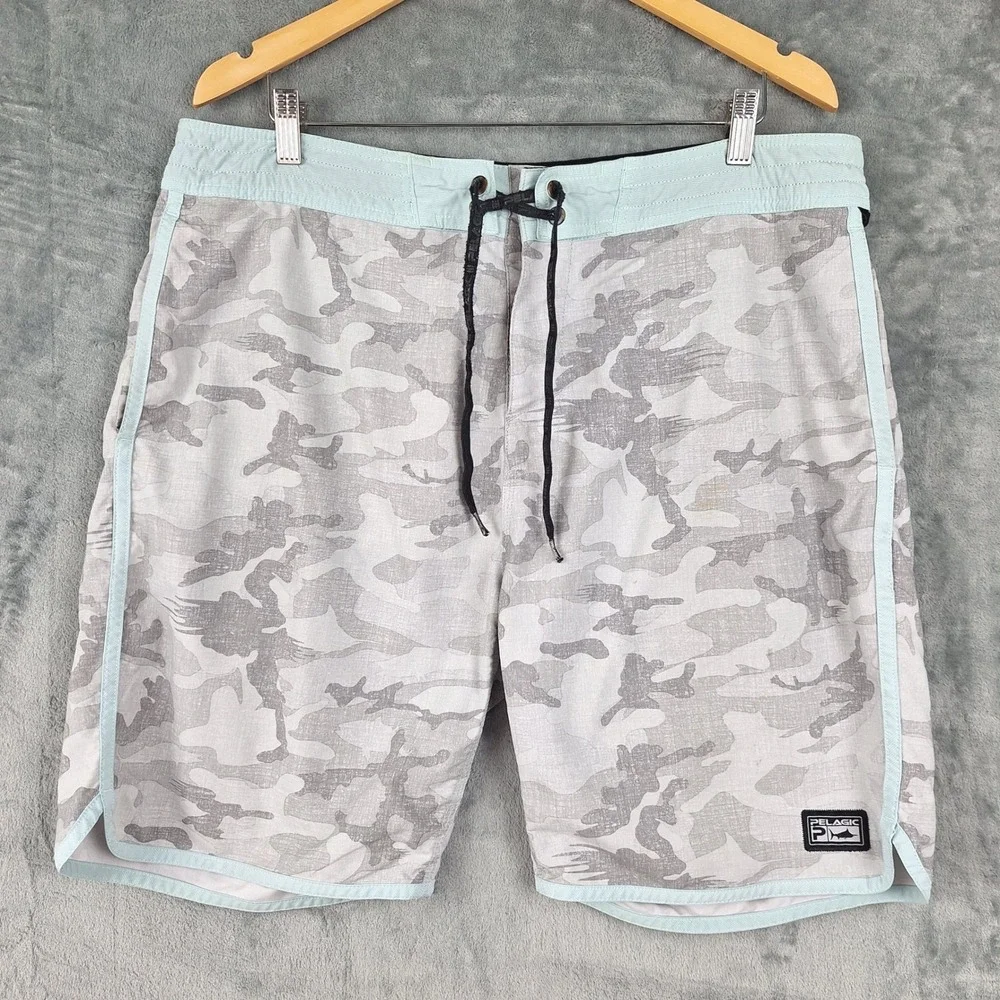 Pelagic Board Shorts 36 Gray Camo High Performance Swim Trunks Fishing Beach